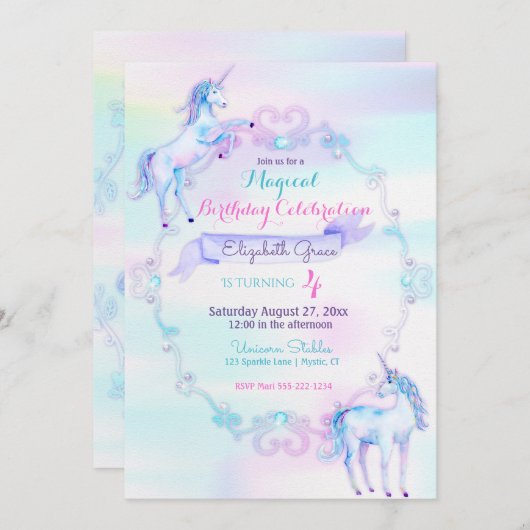 Unicorn Magical Fantasy Rainbow Aqua Pink Lavender Einladung (Vorne/Hinten)
