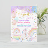 Unicorn Magical One Girl 1st Birthday Party Pastel Einladung (Stehend Vorderseite)