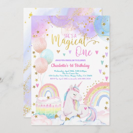 Unicorn Magical One Girl 1st Birthday Party Pastel Einladung (Vorne/Hinten)