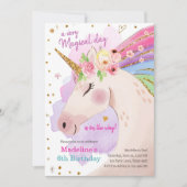 Unicorn Magical Pink Gold Rainbow Girl Birthday Einladung (Vorderseite)
