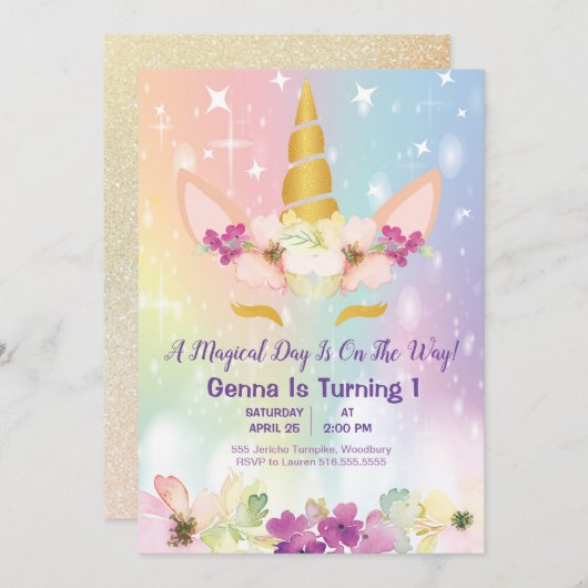 Unicorn Magical Rainbow Imitats Gold 1. Geburtstag Einladung (Vorne/Hinten)