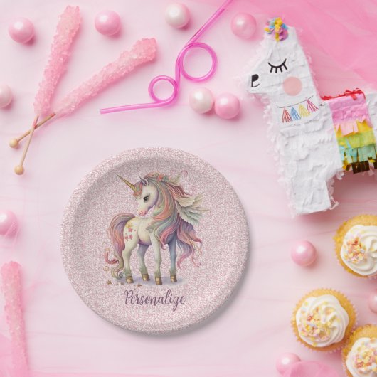 Unicorn Magische Regenbogenfarben Rosa Glitzer Pappteller (Party)