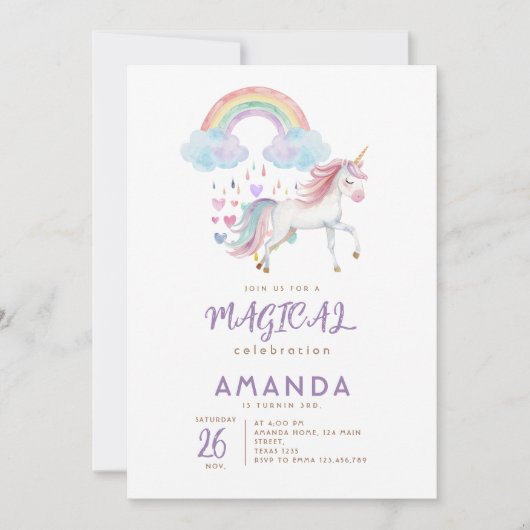 Unicorn Magischer Regenbogen Wasserfarbe Geburtsta Einladung (Vorderseite)