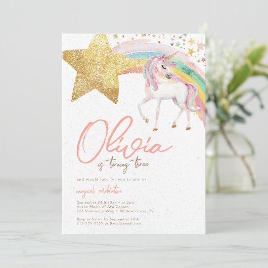 Unicorn Magischer Regenbogen Wasserfarbe Geburtsta Einladung (Stehend Vorderseite)