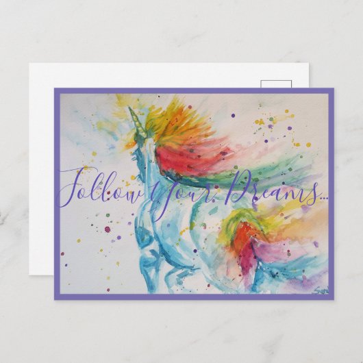 Unicorn Malerei Folge deinen Träumen PostCard Postkarte (Vorne/Hinten)