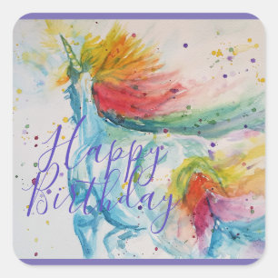 Unicorn Malerei Happy Birthday Watercolor Art Quadratischer Aufkleber