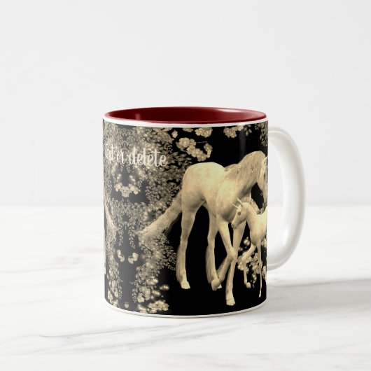 Unicorn Mare and Foal Sepia Fantasy Personalisiert Zweifarbige Tasse (VorderseiteRechts)