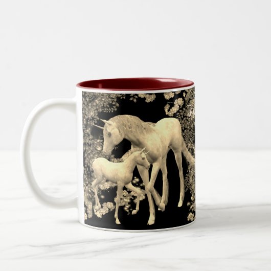 Unicorn Mare and Foal Sepia Fantasy Personalisiert Zweifarbige Tasse (Links)