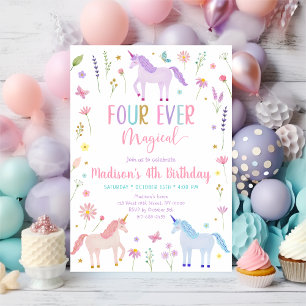 Unicorn Meadow Blume Vier mal Magischer Geburtstag Einladung