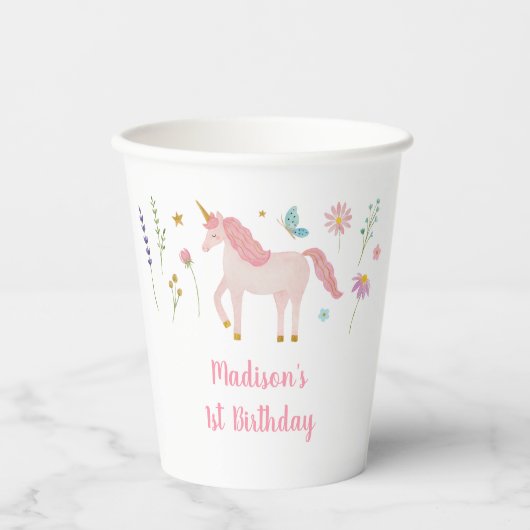 Unicorn Meadow Pastel Pink Gold Birthday Pappbecher (Vorderseite)