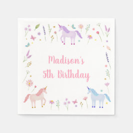 Unicorn Meadow Pastel Pink Gold Birthday Serviette