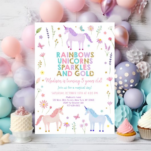 Unicorn Meadow Pastel Pink Gold Flowers Birthday Einladung