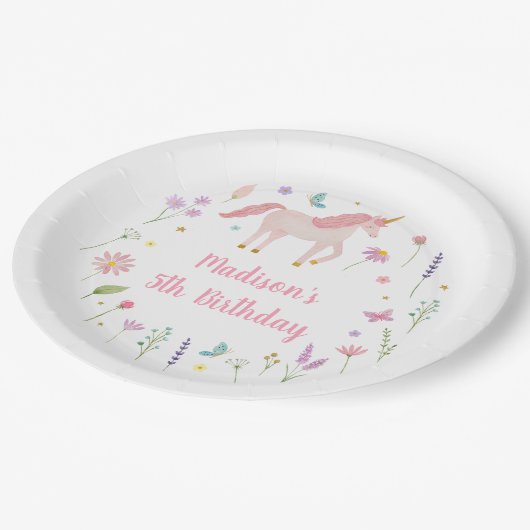 Unicorn Meadow Pastel Pink Purple Birthday Pappteller (Schrägansicht)