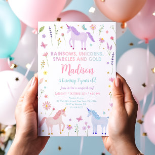 Unicorn Meadow Rainbow Glitzern Geburtstag Einladung