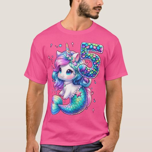 Unicorn Mermaid 5th Birthday 5 Year Old Party Girl T-Shirt (Vorderseite)