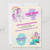 Unicorn Mermaid Joint Double Birthday Einladung (Vorderseite)