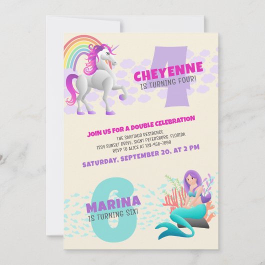 Unicorn Mermaid Joint Double Birthday Einladung (Vorderseite)