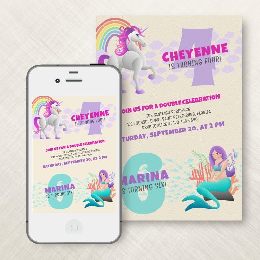 Unicorn Mermaid Joint Double Birthday Einladung