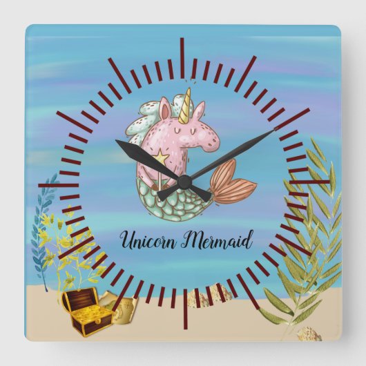 Unicorn Mermaid Wall Clock Quadratische Wanduhr (Vorderseite)