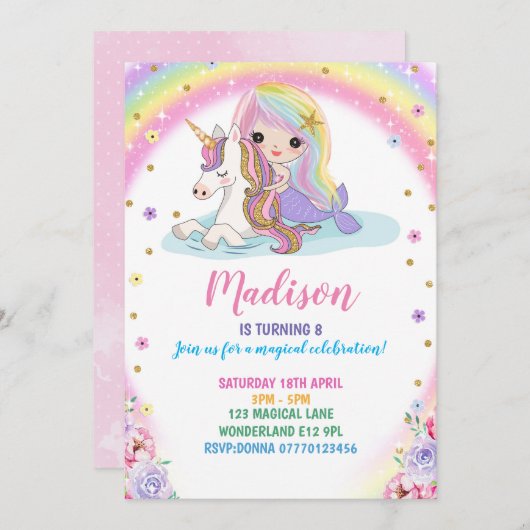 Unicorn Mermaid zum Geburtstag Einladung (Vorne/Hinten)