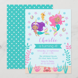 Unicorn Mermaids Birthday Medium Skin Tone Einladung