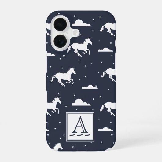 Unicorn Midnight Sky Muster Monogram iPhone 16 Hülle (Rückseite)