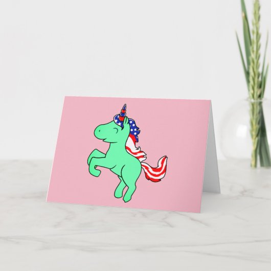 Unicorn Mint Green Patriotic USA Flag Mane Cartoon Karte (Vorderseite)