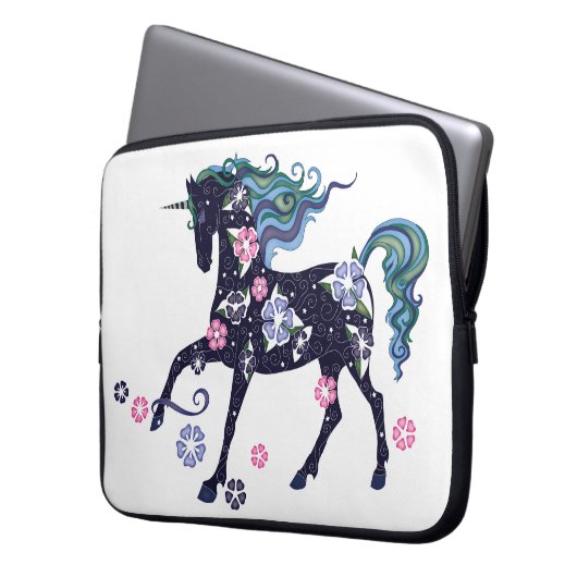 Unicorn mit den Blumen, dunkelblau Laptopschutzhülle (Vorderseite Links)