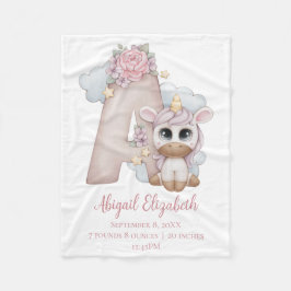 Unicorn Monogram Letter A Pink Baby Girl Gift Baby Fleecedecke