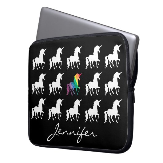 Unicorn-Muster-personalisierte Schwarz-weiße Laptopschutzhülle (Vorderseite Links)