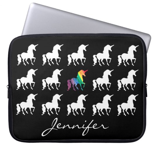 Unicorn-Muster-personalisierte Schwarz-weiße Laptopschutzhülle (Vorderseite)