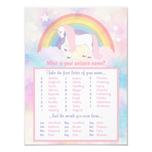 Unicorn Name Game Birthday & Baby Shower Fotodruck (Vorne)
