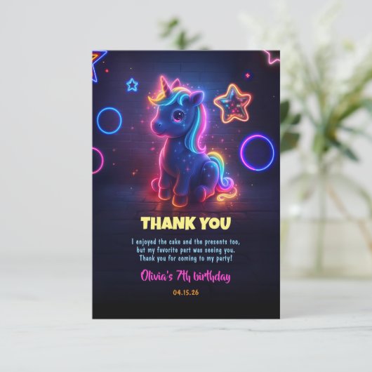 Unicorn Neon Birthday Party Danke (Stehend Vorderseite)