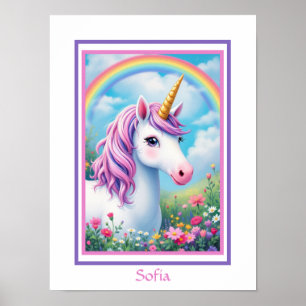 Unicorn Niedlich Girl's Pink und Lila Name Poster