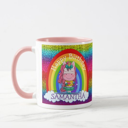Unicorn Niedlich Happy BIRTHDAY Rainbow Glitzer Tasse (Links)