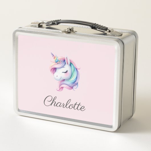 Unicorn Niedliche Wasserfarbe Personalisierter Nam Metall Brotdose (Vorderseite)