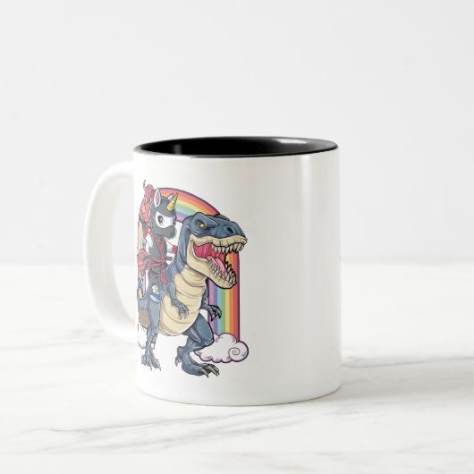 Unicorn Ninja Riding Dinosaur Zweifarbige Tasse (Vorderseite Links)