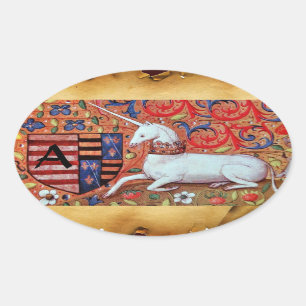 UNICORN OLD BROWN PARCHMONOGRAM OVALER AUFKLEBER