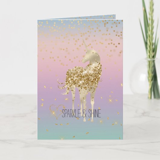 Unicorn Ombre Gold Confetti Glitzer Herz Karte (Vorderseite)