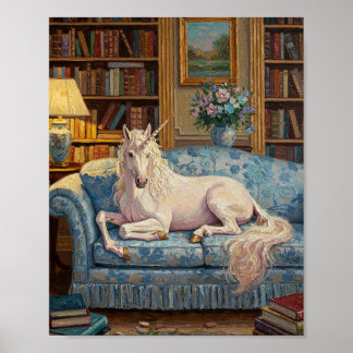 Unicorn on Sofa | Romantic Oil Painting Poster