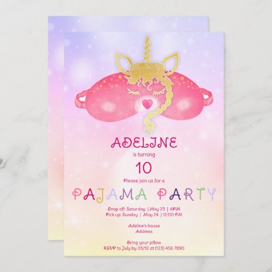 Unicorn Pajama Girl Sleepover Tween Party Einladung (Vorne/Hinten)