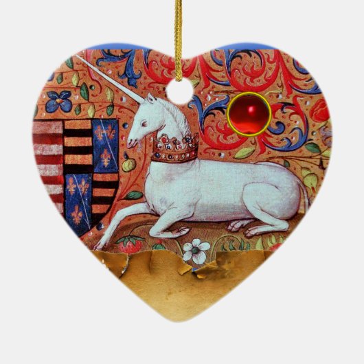 UNICORN PARCHMENT HERZMONOGRAMM, ROT RUBY GEMSTONE KERAMIK ORNAMENT (Hinten)