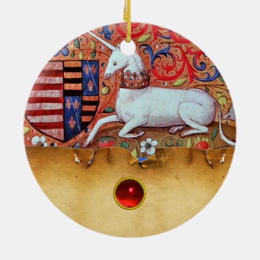 UNICORN PARCHMENT MIT RED RUBY GEMSTONE KERAMIKORNAMENT (Hinten)