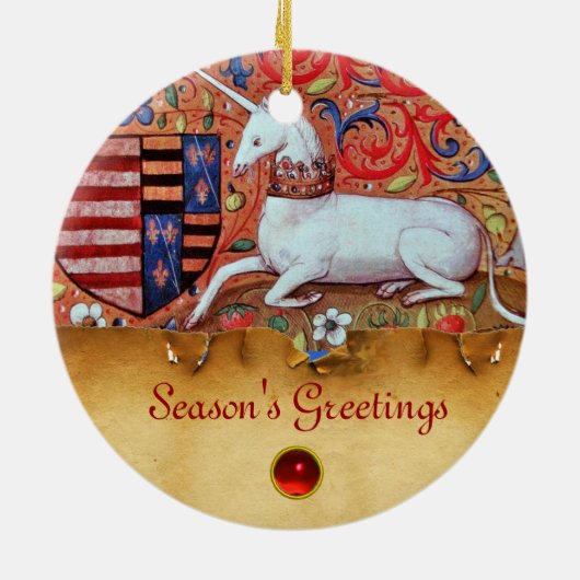 UNICORN PARCHMENT MIT RED RUBY GEMSTONE KERAMIKORNAMENT (Hinten)