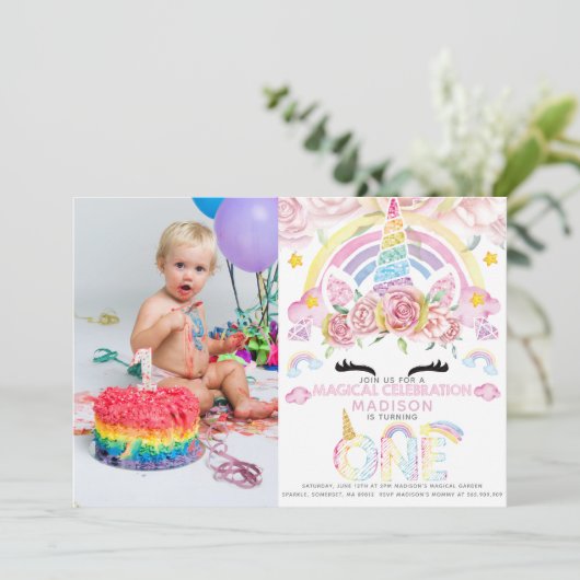 Unicorn Party Magical First Birthday Foto Einladung (Stehend Vorderseite)