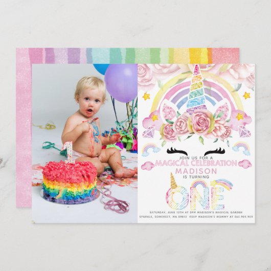 Unicorn Party Magical First Birthday Foto Einladung (Vorne/Hinten)