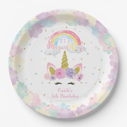 Unicorn Pastel Birthday Paper Plate Pappteller (Vorderseite)
