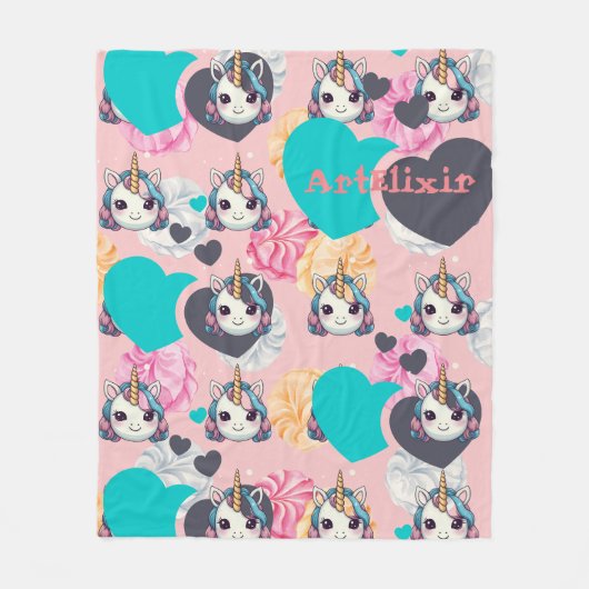 Unicorn Pastel Heart Print Fleecedecke (Vorderseite)