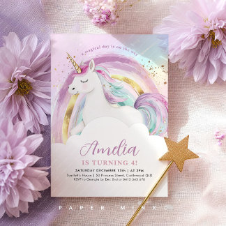Unicorn Pastel Rainbow Girls Birthday Einladung