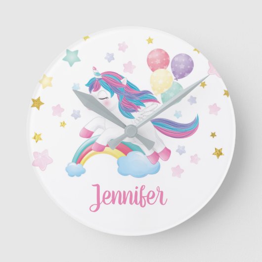 Unicorn Pastel Rainbow Personalisierter Name Niedl Runde Wanduhr (Vorderseite)
